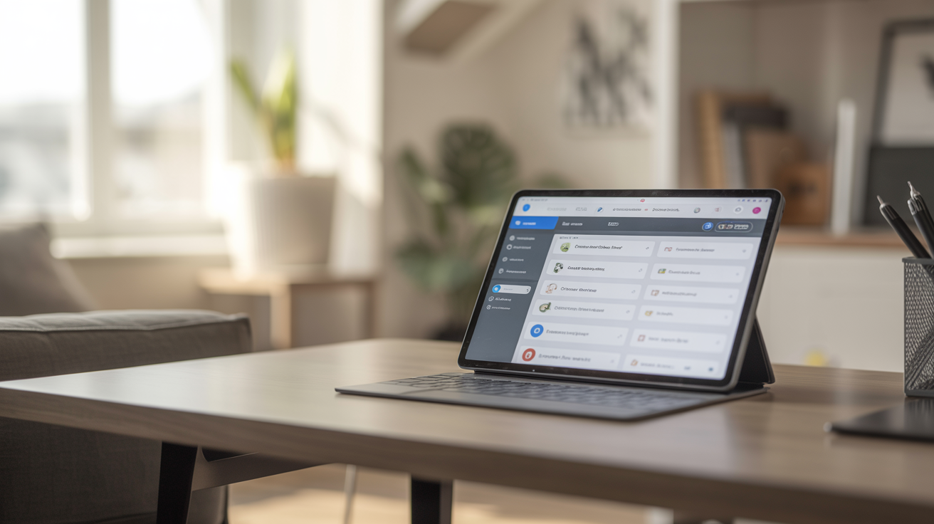 Tablet displaying real estate CRM on a desk, focused on tech for improved client communication in a bright, modern office.