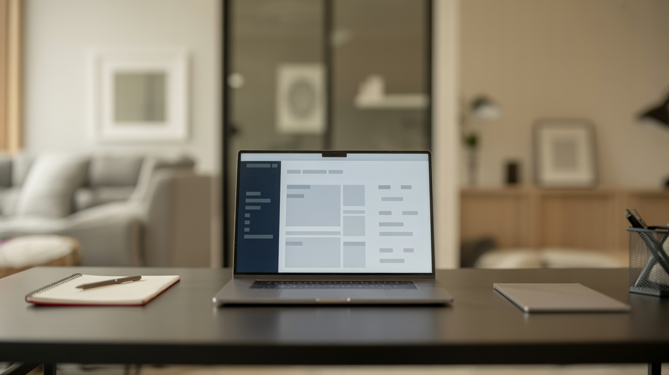 ALT TAG: Real estate software on laptop on modern office desk with notepad, symbolizing efficient client and project management for professionals.