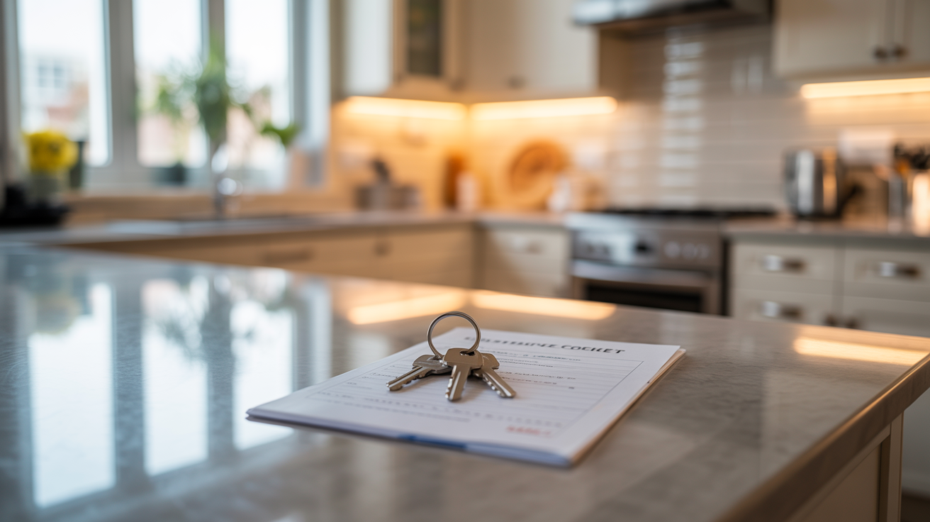 Property handover scene with keys and checklist on pristine kitchen counter, symbolizing a move-in ready home.