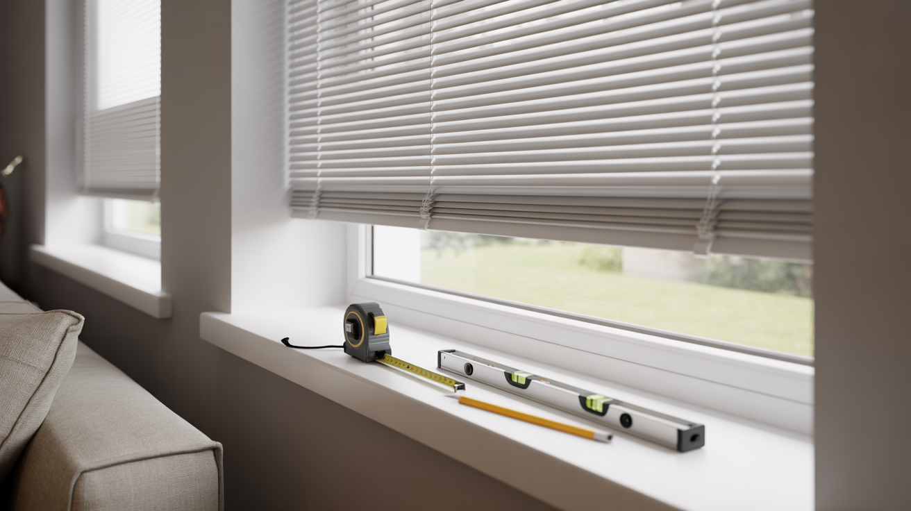 DIY window blind installation tools like tape measure and level on a sill beside a newly fitted white horizontal blind in a sunlit room.