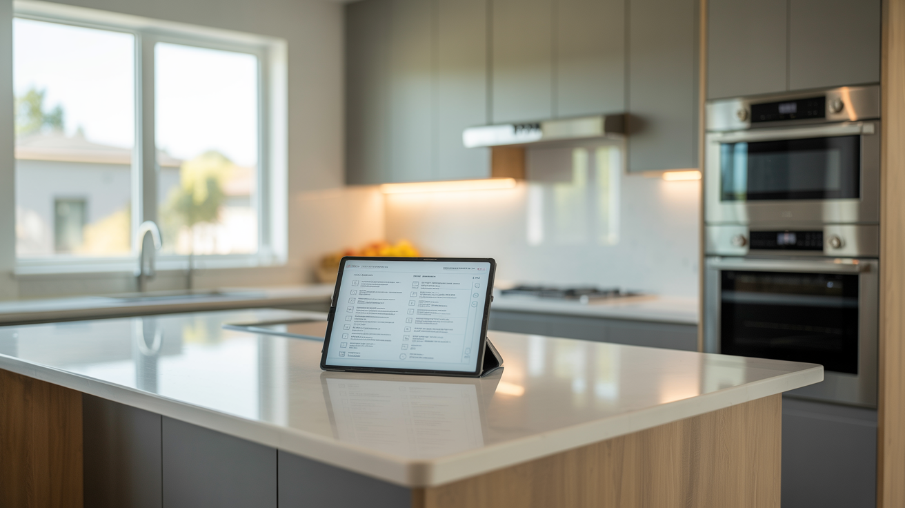 Checklist on tablet in new kitchen, shows construction snag list and property inspection process for quality assurance.
