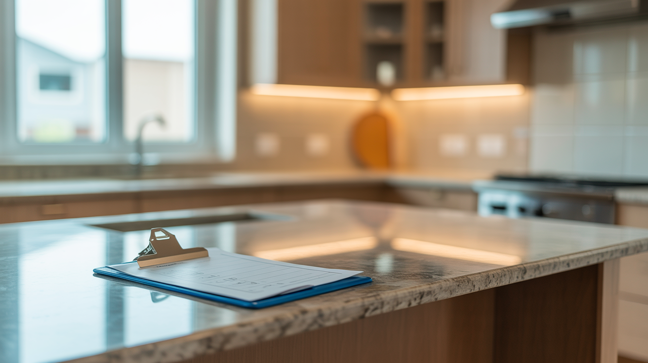Construction snag list: clipboard with checklist on new kitchen countertop, symbolizing quality control in new home construction.