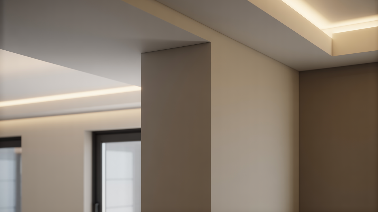 ALT TAG: New property quality assurance: flawless wall corner and ceiling with new recessed light, highlighting meticulous inspection and elegant construction.