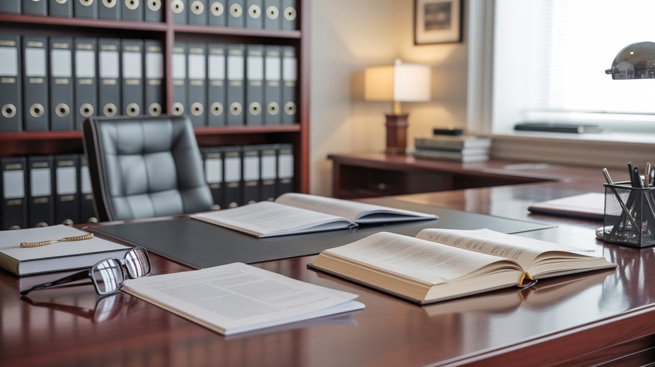 Modern office desk with legal documents and open law book, symbolizing real estate legal compliance and diligent regulatory research.