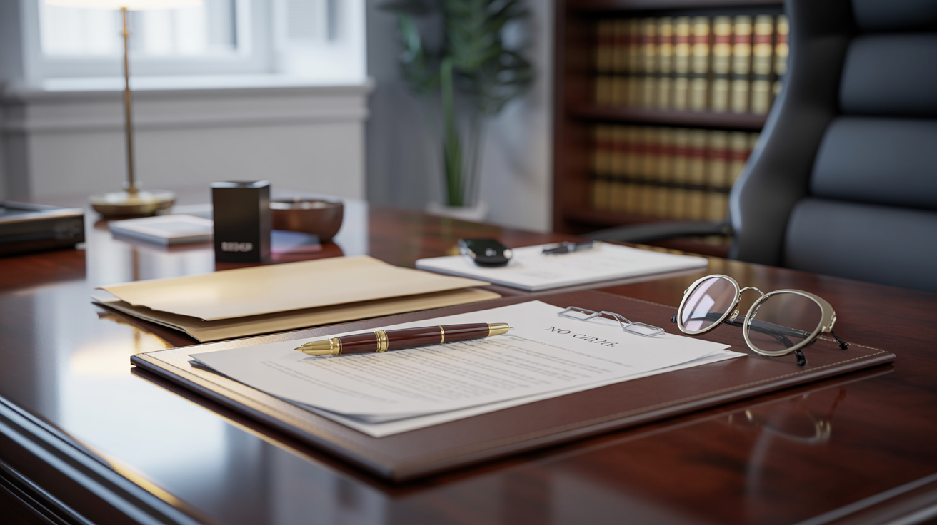 Legal documents for real estate on attorney's desk, pen ready for contract review; professional, meticulous scene.