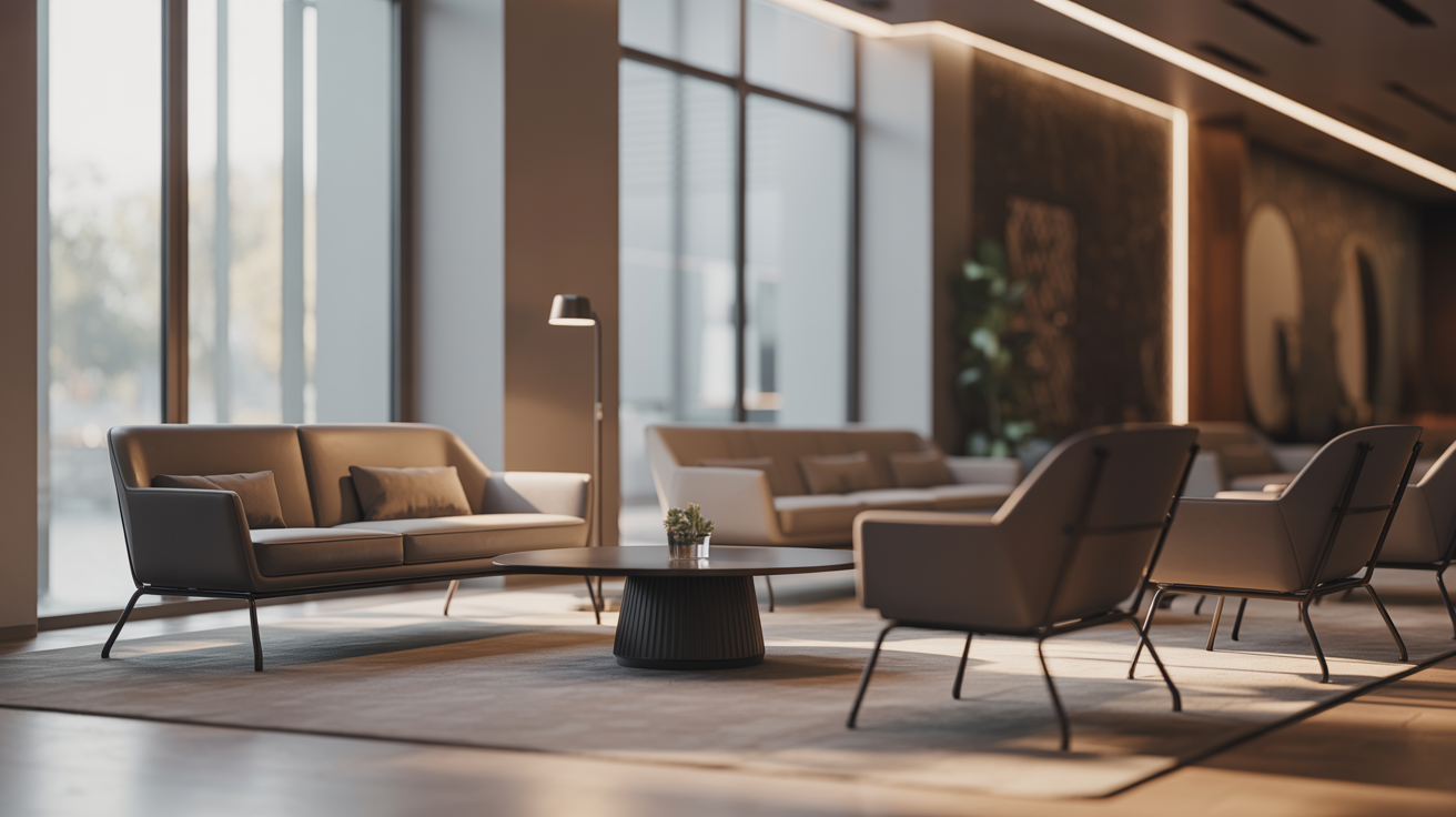 Upscale corporate lounge for networking, with elegant seating and natural light, fostering professional connections and industry collaboration.