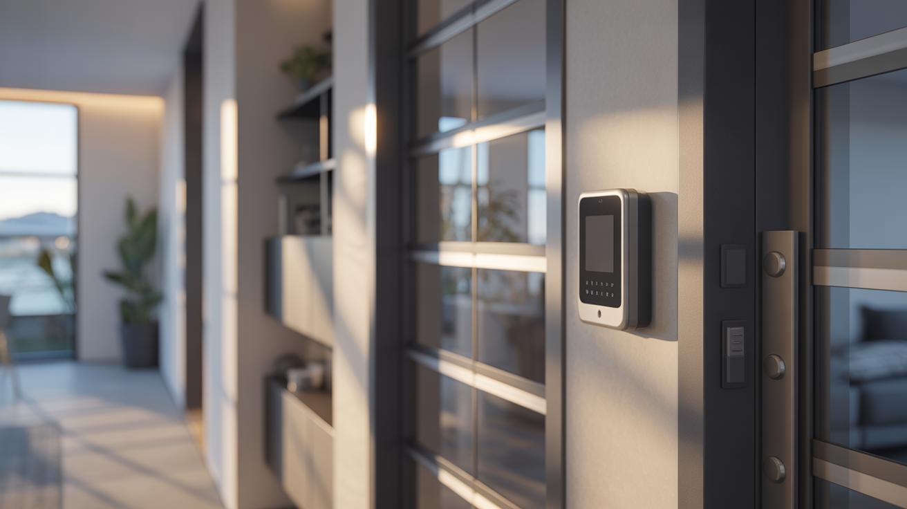 ALT TAG: Modern office entryway with a sleek access control card reader, illustrating secure property access and advanced security solutions.