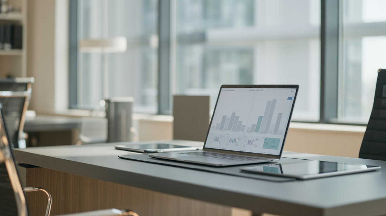 Modern property management office desk with laptop and tablet, illustrating software integration planning in a clean, professional workspace.