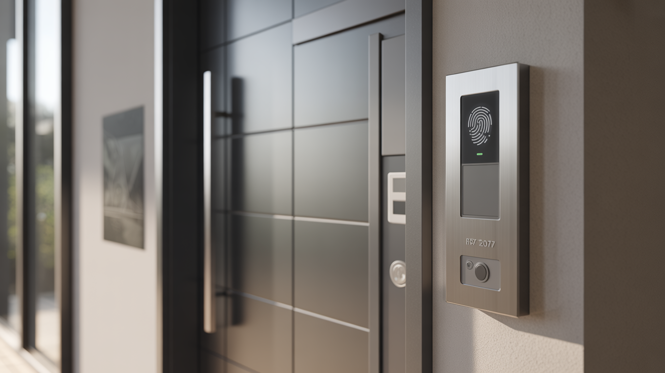Sleek access control panel with biometric scanner and card reader at a modern building entrance, demonstrating advanced property security technology.