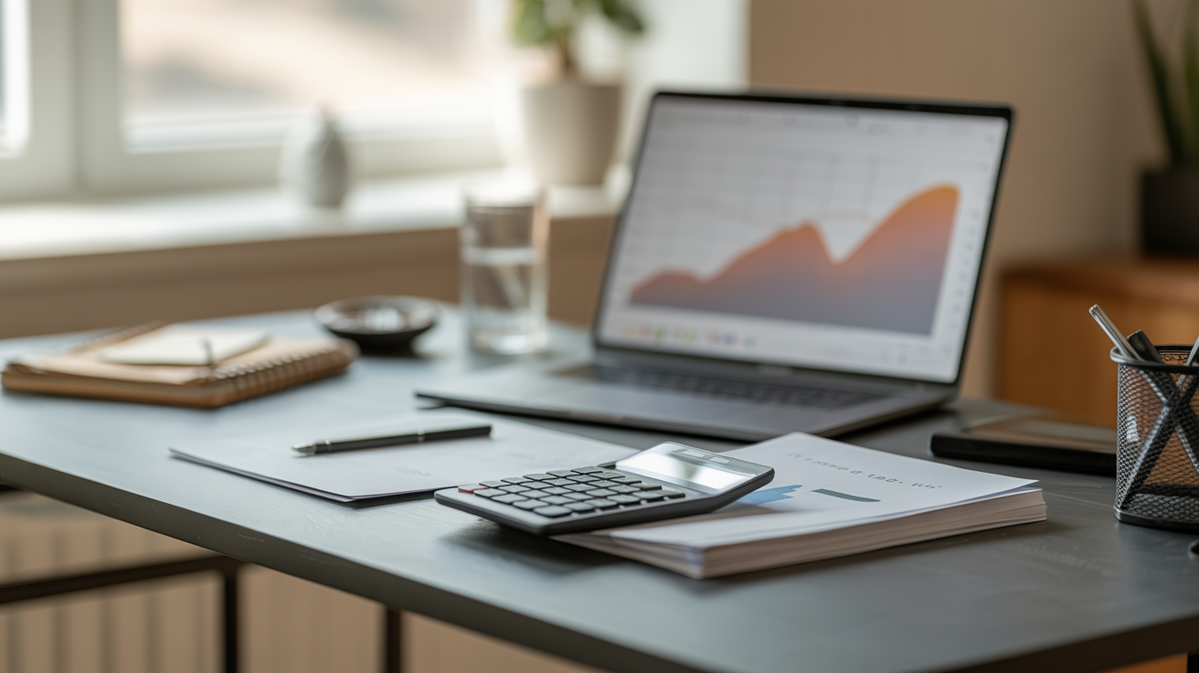 Home office desk for property maintenance budgeting, with laptop, calculator, and papers in a modern, organized, well-lit setting.