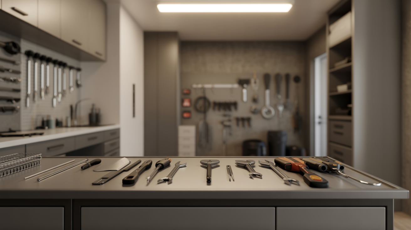 ALT TAG: Property upkeep tools neatly arranged on a modern workbench in a clean garage, symbolizing efficient maintenance and repair management for homeowners.
