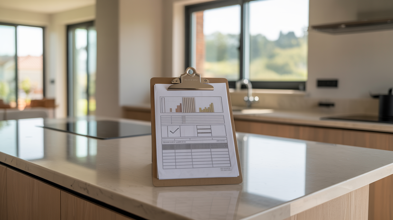 California energy compliance documents on quartz countertop by window, showing HERS verification and efficiency standards in new homes.