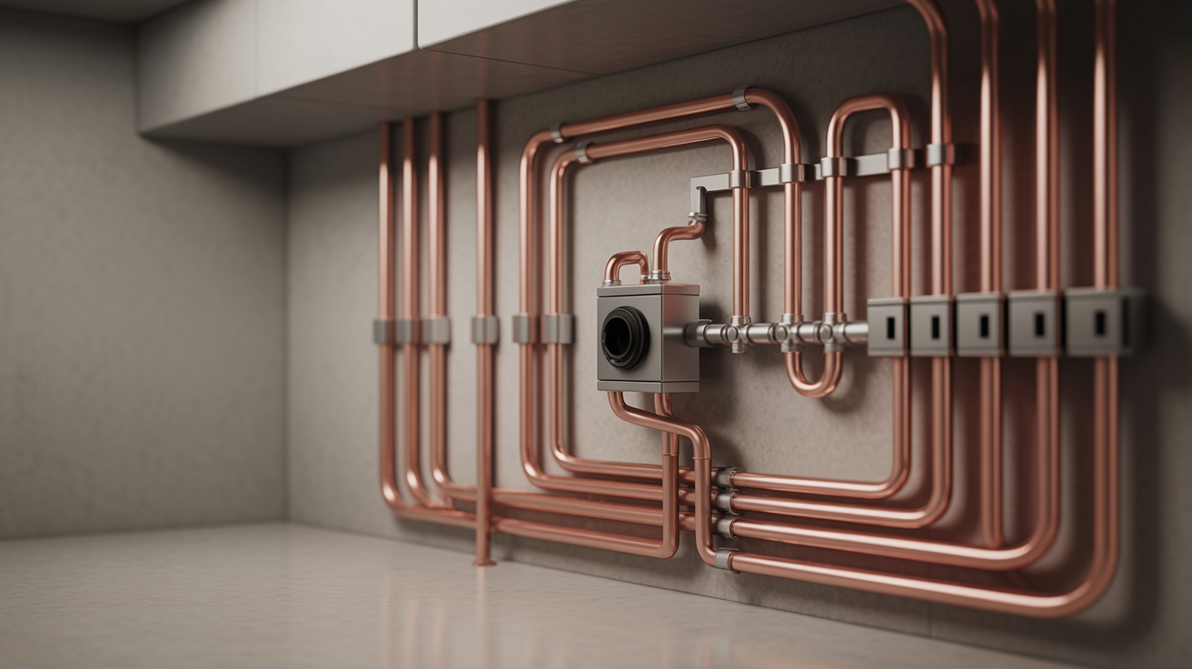 ALT TAG: Modern utility installation with organized copper pipes and electrical conduit, ensuring property power, plumbing, and peace of mind.