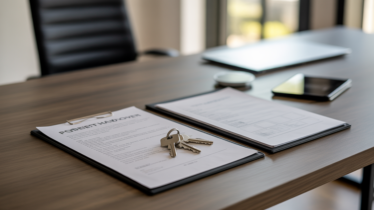 ALT TAG: Property handover checklist, documents, and keys organized on a wooden desk, essential for a smooth and efficient property transaction.
